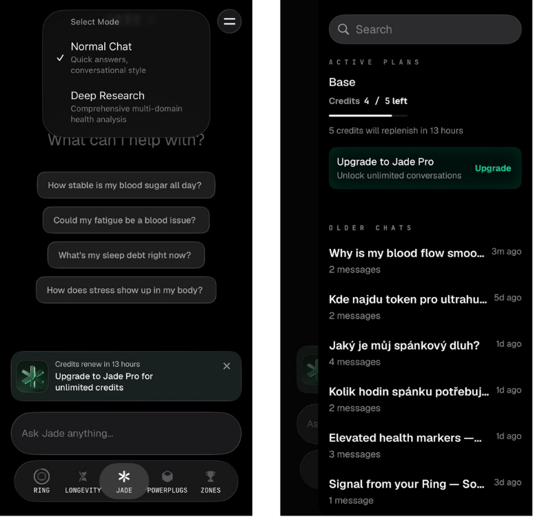 Ultrahuman Jade AI chat answering a question from ring data