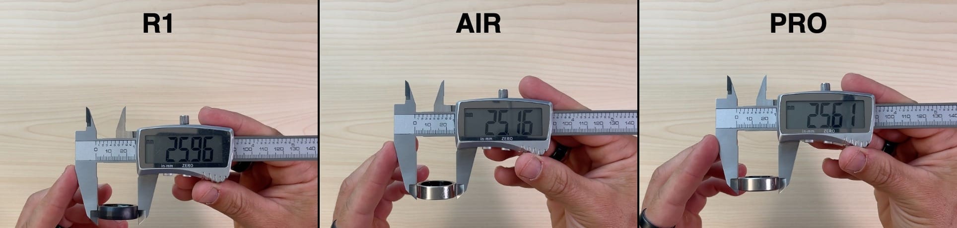 Outer diameter comparison: R1 25.96 mm, Air 25.16 mm, Ultrahuman PRO 25.61 mm