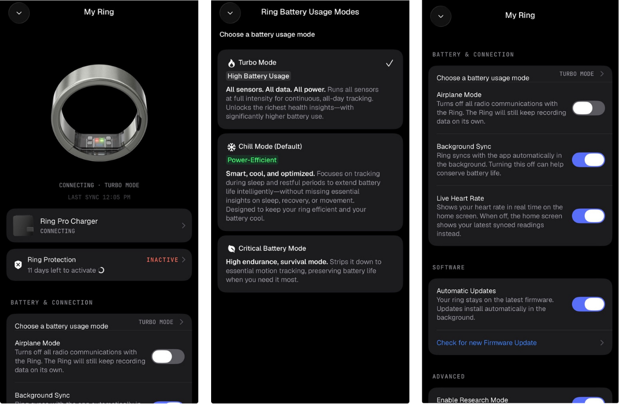 Ultrahuman PRO battery settings with Turbo, Chill and Critical modes