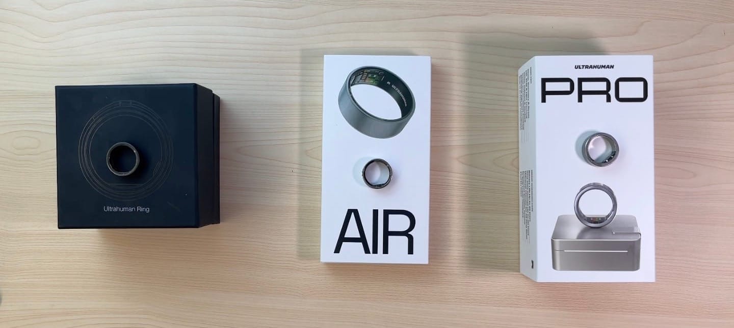 Ultrahuman R1, Air and Ring PRO side by side, all in size 9