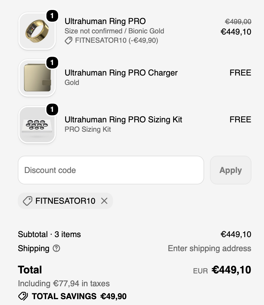 Ultrahuman checkout with the discount code applied and a free charger and sizing kit