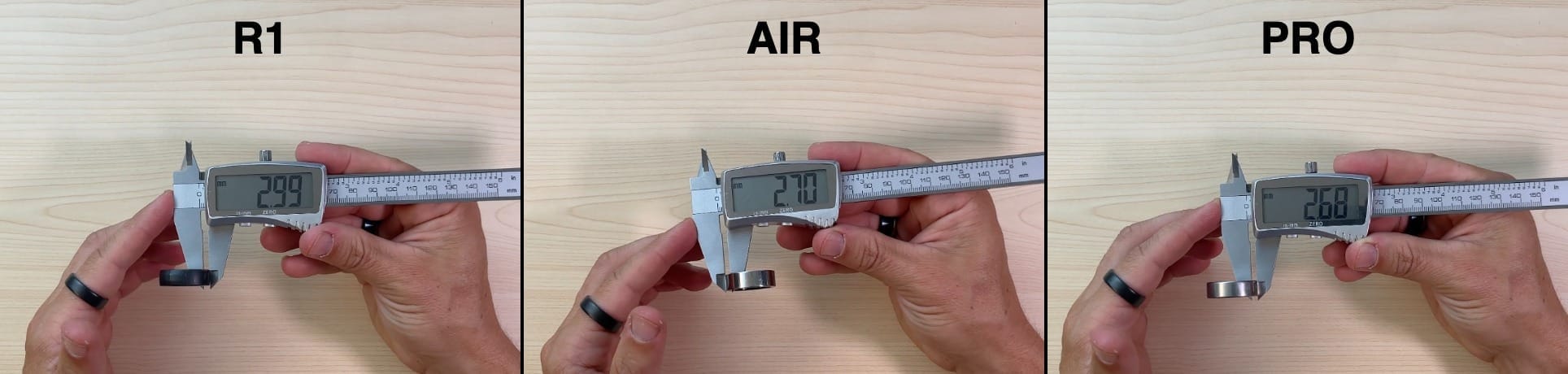 Caliper measurement of minimum wall thickness: R1 2.99 mm, Air 2.70 mm, PRO 2.68 mm