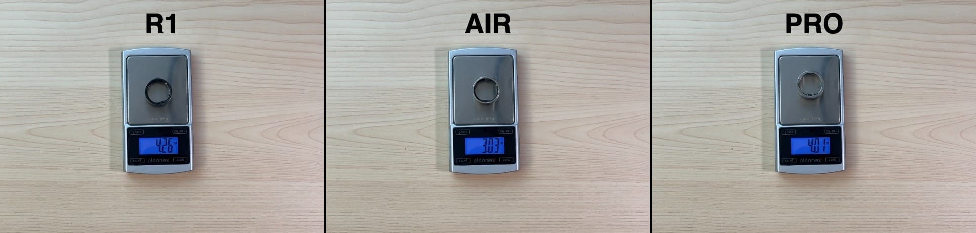 Weight in size 9 on a scale: R1 4.26 g, Air 3.03 g, Ultrahuman PRO 4.01 g