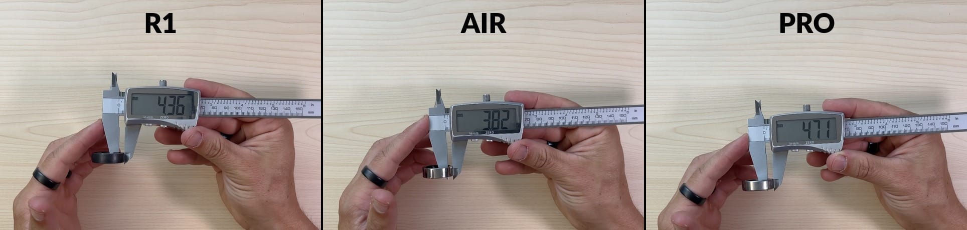 Maximum thickness at the sensor bump: R1 4.36 mm, Air 3.82 mm, Ultrahuman PRO 4.71 mm