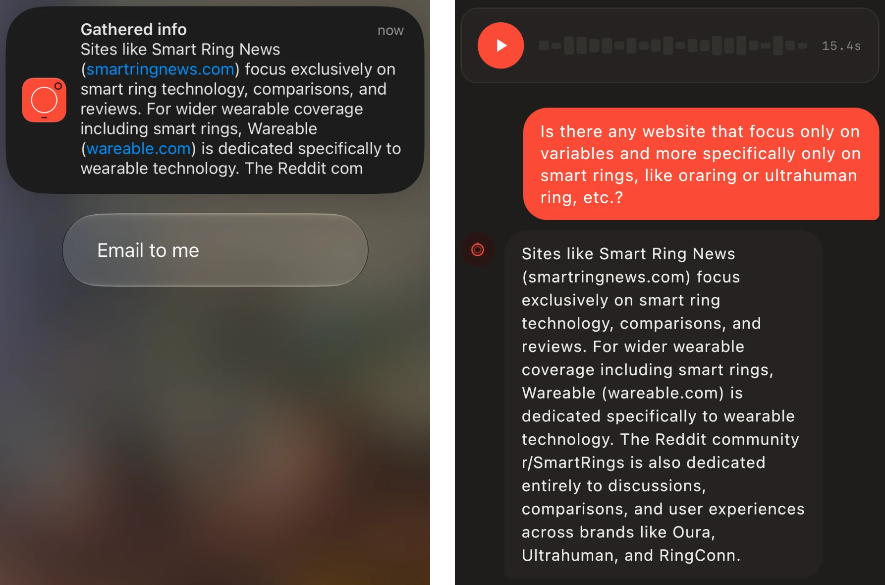 Pebble Index web search: notification and app answer