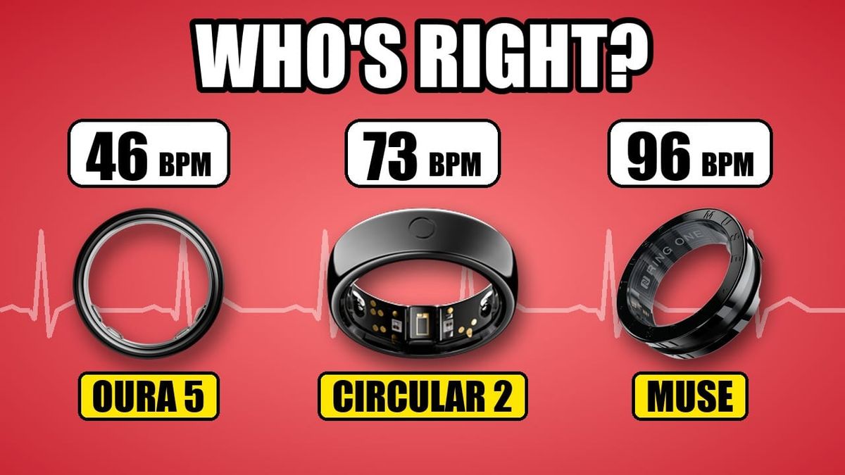 Three smart rings show different heart rates at the same moment of sleep: 46, 73 and 96 bpm