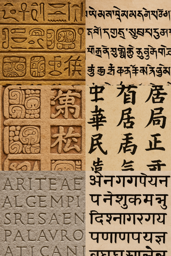 Un collage de algunos de los sistemas de escritura del mundo (egipcio, maya, chino, tibetano, hindi/devanagari y romano) - Fuente: ChatGPT