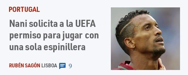 PORTUGAL. Nani solicita a la UEFA permiso para jugar con una sola espinillera