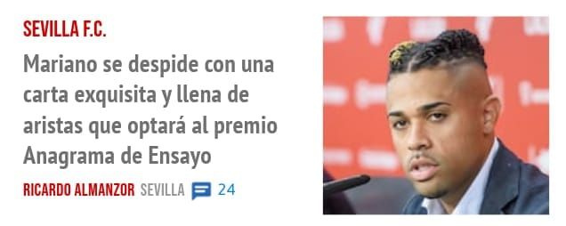 SEVILLA F.C.. Mariano se despide con una carta exquisita y llena de aristas que optará al premio Anagrama de Ensayo