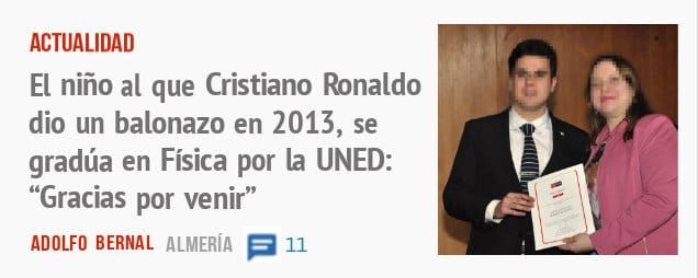 ACTUALIDAD. El niño al que Cristiano bnaldo dio un balonazo en 2013, se gradúa en Física por la UNED: "Gracias por venir"