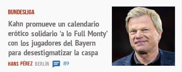 BUNDESLIGA. Kahn promueve un calendario erótico solidario 'a 10 Full Monty' con los jugadores del Bayern para desestigmatizar la caspa