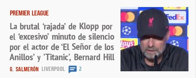 PREMIER LEAGUE. La brutal 'rajada' de Klopp por el 'excesivo' minuto de silencio por el actor de 'El Señor de los Anillos' y 'Titanic', Bernard Hill