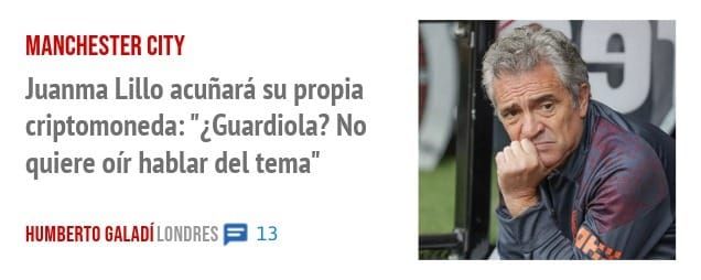 MANCHESTER CITY. Juanma Lillo acuñará su propia criptomoneda: "¿Guardiola? No quiere oír hablar del tema"