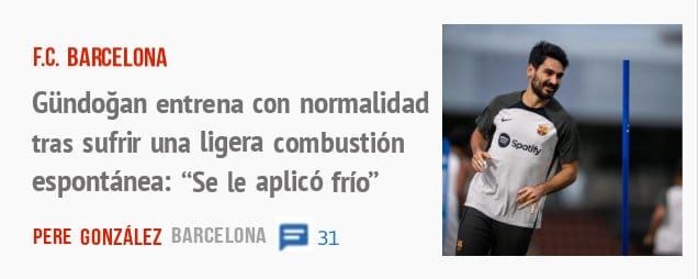 F.C. BARCELONA. Gündojan entrena con normalidad tras sufrir una ligera combustión espontánea: "Se le aplicó frío"
