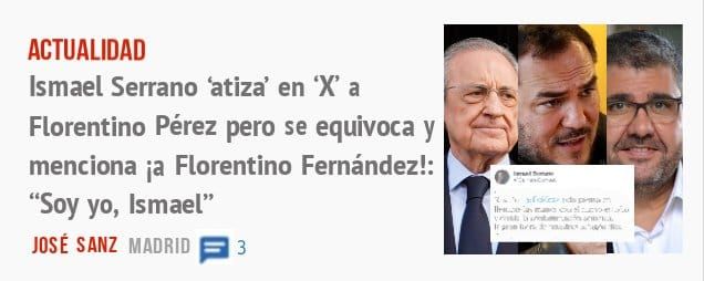 ACTUALIDAD. Ismael Serrano 'atiza' en 'X' a Florentino Pérez pero se equivoca y menciona ia Florentino Fernández!: "Soy yo, Ismael"