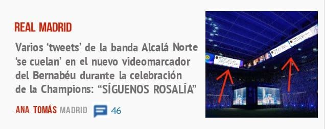 REAL MADRID. Varios 'tweets' de la banda Alcalá Norte 'se cuelan' en el nuevo videomarcador del Bemabéu durante la celebración de la Champions: "SÍGUENOS ROSALÍA"
