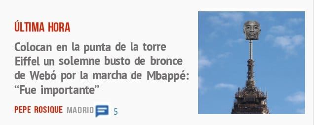ÚLTIMA HORA. Colocan en la punta de la torre Eiffel un solemne busto de bronce de Webó por la marcha de Mbappé: "Fue importante"