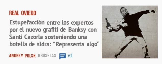 REAL OVIEDO. Estupefacción entre los expertos por el nuevo grafiti de Barúsy con Santi Cazorla sosteniendo una botella de sidra: "Representa algo"