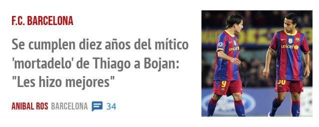F.C. BARCELONA. Se cumplen diez años del mítico 'mortadelo' de Thiago a Bojan: "Les hizo mejores"