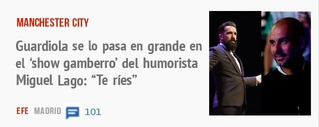 MANCHESTER CITY. Guardiola se 10 pasa en grande en el 'show gamberro' del humorista Miguel Lago: "Te ríes"