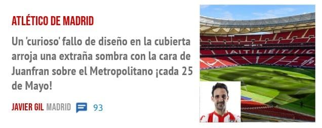 ATLÉTICO DE MADRID. Un 'curioso' fallo de diseño en la cubierta arroja una extraña sombra con la cara de Juanfran sobre el Metropolitano icada 25 de Mayo!
