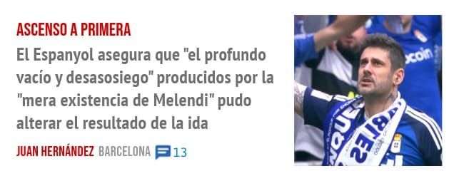 ASCENSO A PRIMERA. El Espanyol asegura que "el profundo vacío y desasosiego" producidos por la "mera existencia de Melendi" pudo alterar el resultado de la ida