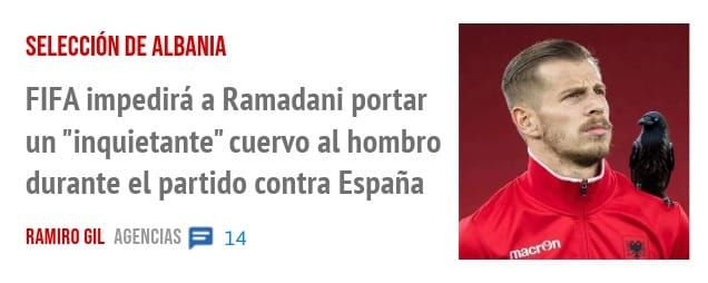 SELECCIÓN DE ALBANIA. FIFA impedirá a Ramadani portar un "inquietante" cuervo al hombro durante el partido contra España