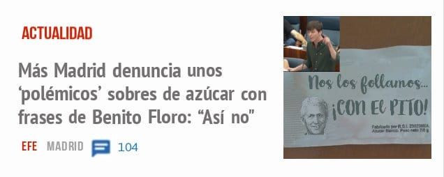 ACTUALIDAD. Más Madrid denuncia unos 'polémicos' sobres de azúcar con frases de Benito Floro: "Así no"