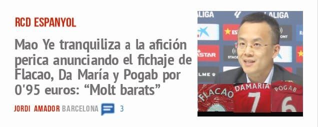 RCD ESPANYOL. Mao Ye tranquiliza a la afición perica anunciando el fichaje de Flacao, Da María y Pogab por 0'95 euros: "Molt barats"