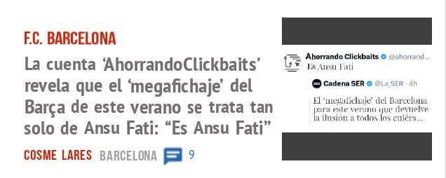 F.C. BARCELONA. La cuenta 'AhorrandoClickbaits' revela que el 'megafichaje' del Barça de este verano se trata tan solo de Ansu Fati: "Es Ansu Fati"