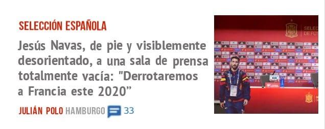 SELECCIÓN ESPAÑOLA. Jesús Navas, de pie y visiblemente desorientado, a una sala de prensa . totalmente vacía: "Derrotaremos a Francia este 2020"