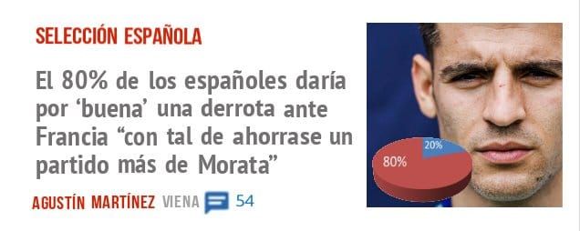 SELECCIÓN ESPAÑOLA. El 80% de los españoles daría por 'buena' una derrota ante Francia "con tal de ahorrase un partido más de Morata"