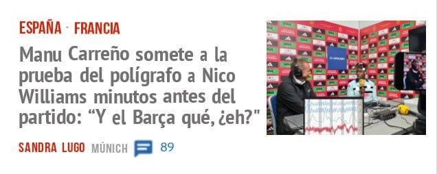 ESPAÑA FRANCIA. Manu Carreño somete a la prueba del polígrafo a Nico Williams minutos antes del partido: "Y el Barça qué, ¿eh?"