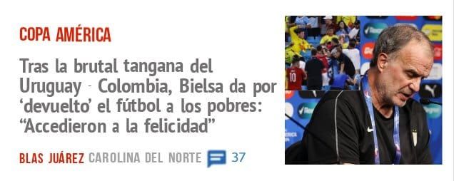 COPA AMÉRICA. Tras la brutal tangana del Uruguay - Colombia, Bielsa da por 'devuelto' el fútbol a los pobres: "Accedieron a la felicidad"