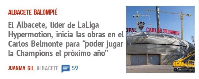 ALBACETE BALOMPIÉ. El Albacete, líder de LaLiga Hypermotion, inicia las obras en el Carlos Belmonte para 'i)0der jugar la Champions el próximo año"