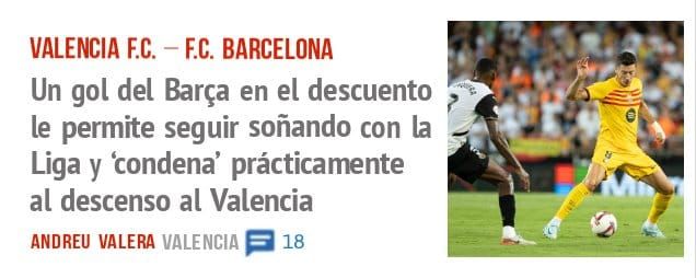 VALENCIA F.C. - F.C. BARCELONA. Un gol del Barça en el descuento le permite seguir soñando con la Liga y 'condena' prácticamente al descenso al Valencia