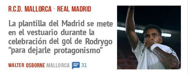 R.CD. MALLORCA - REAL MADRID. La plantilla del Madrid se mete en el vestuario durante la celebración del gol de Rodrygo 'i)ara dejarle protagonismo"