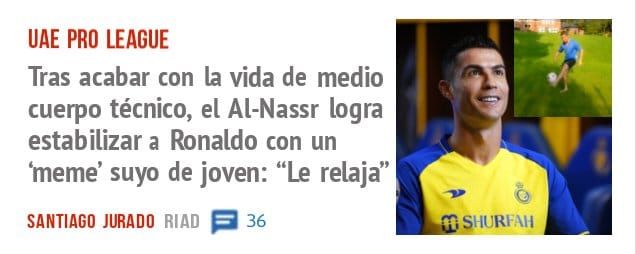 UAE PRO LEAGUE. Tras acabar con la vida de medio cuerpo técnico, el Al-Nassr logra estabilizar a Ronaldo con un 'meme' suyo de joven: "Le relaja"