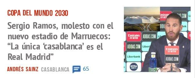COPA DEL MUNDO 2030. Sergio Ramos, molesto con eI nuevo estadio de Marruecos: "La única 'casablanca' es el Real Madrid"