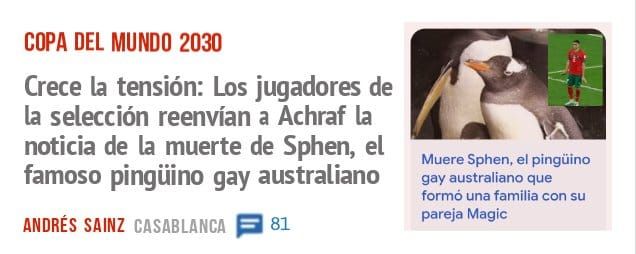 COPA DEL MUNDO 2030. Crece la tensión: Los jugadores de la selección reenvían a Achraf la noticia de la muerte de Sphen, el famoso pingüino gay australiano