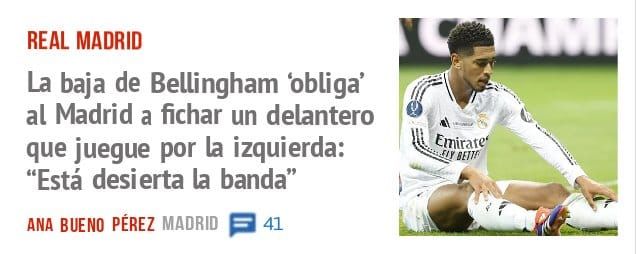 REAL MADRID. La baja de Bellingham 'obliga' al Madrid a fichar un delantero que juegue por la izquierda: "Está desierta la banda"