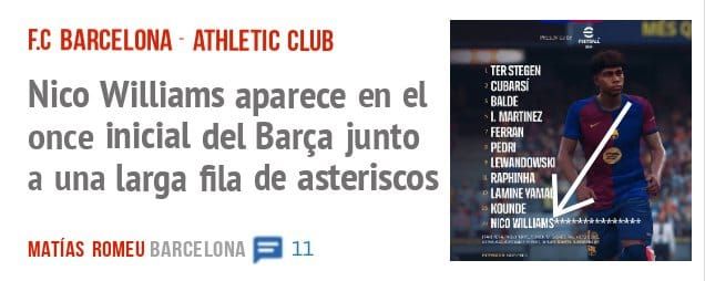 F.C BARCELONA ATHLETIC CLUB. Nico Williams aparece en el once inicial del Barça junto a una larga fila de asteriscos