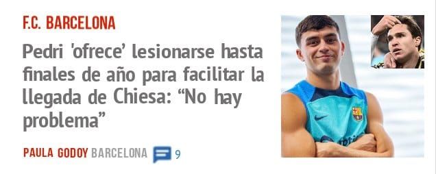 F.C. BARCELONA. Pedri 'ofrece' lesionarse hasta finales de año para facilitar la llegada de Chiesa: "No hay problema"