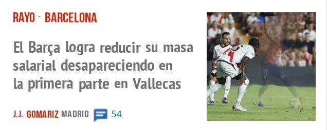 RAYO BARCELONA. El Barça logra reducir su masa salarial desapareciendo en la primera parte en Vallecas