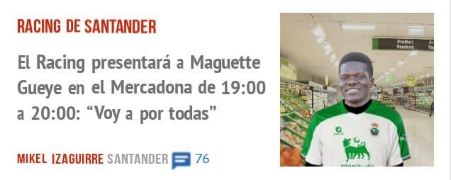 RACING DE SANTANDER. El Racing presentará a Maguette Gueye en el Mercadona de 19:00 a 20:00: "Voy a por todas"