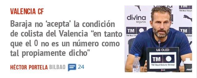 VALENCIA CF. Baraja no 'acepta' la condición de colista del Valencia "en tanto que el 0 no es un número como tal propiamente dicho"