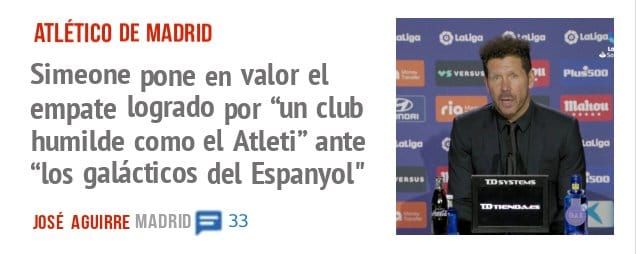 ATLÉTICO DE MADRID. Simeone pone en valor el empate logrado por 'tin club humilde como el Atleti" ante "los galácticos del Espanyol"