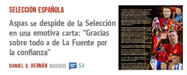 SELECCIÓN ESPAÑOLA. Aspas se despide de la Selección en una emotiva carta: "Gracias sobre todo a de La Fuente por la confianza"