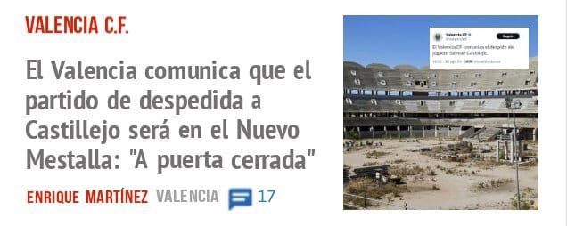 VALENCIA C.F.. El Valencia comunica que el partido de despedida a Castillejo será en el Nuevo Mestalla: "A puerta cerrada"
