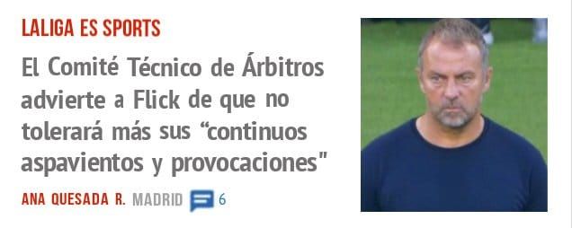 LALIGA ES SPORTS. El Comité Técnico de Árbitros advierte a Flick de que no tolerará más sus "continuos aspavientos y provocaciones"